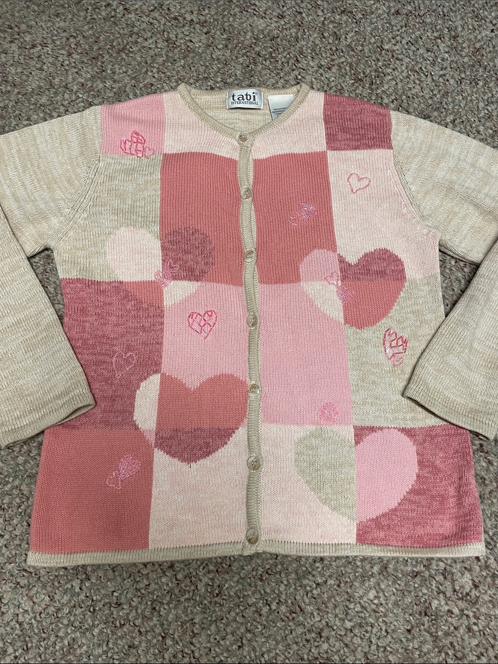 Vintage 90s Pink beaded Heart Patchwork print Cardigan- like new